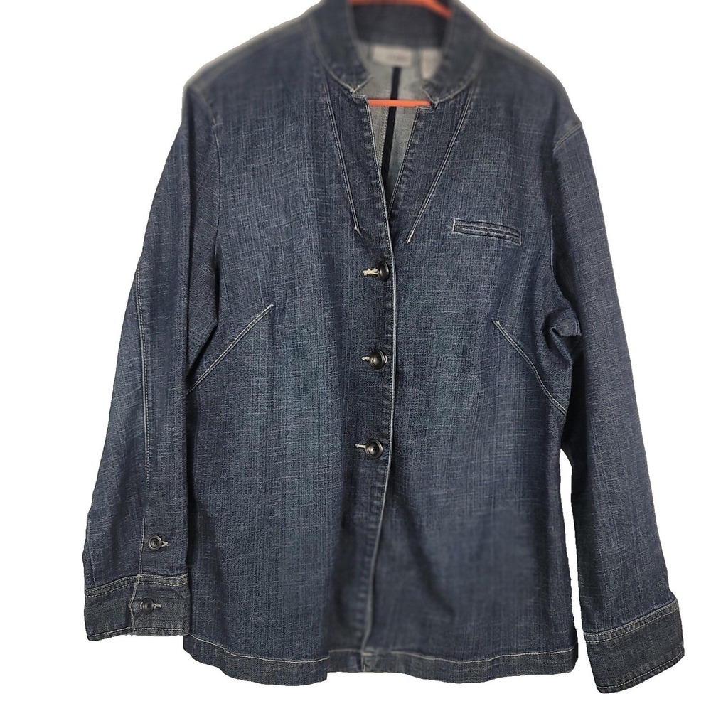 Chicos Platinum Denim Jacket‎ Womens Size 3 Blue Collarless Button Front Stretch